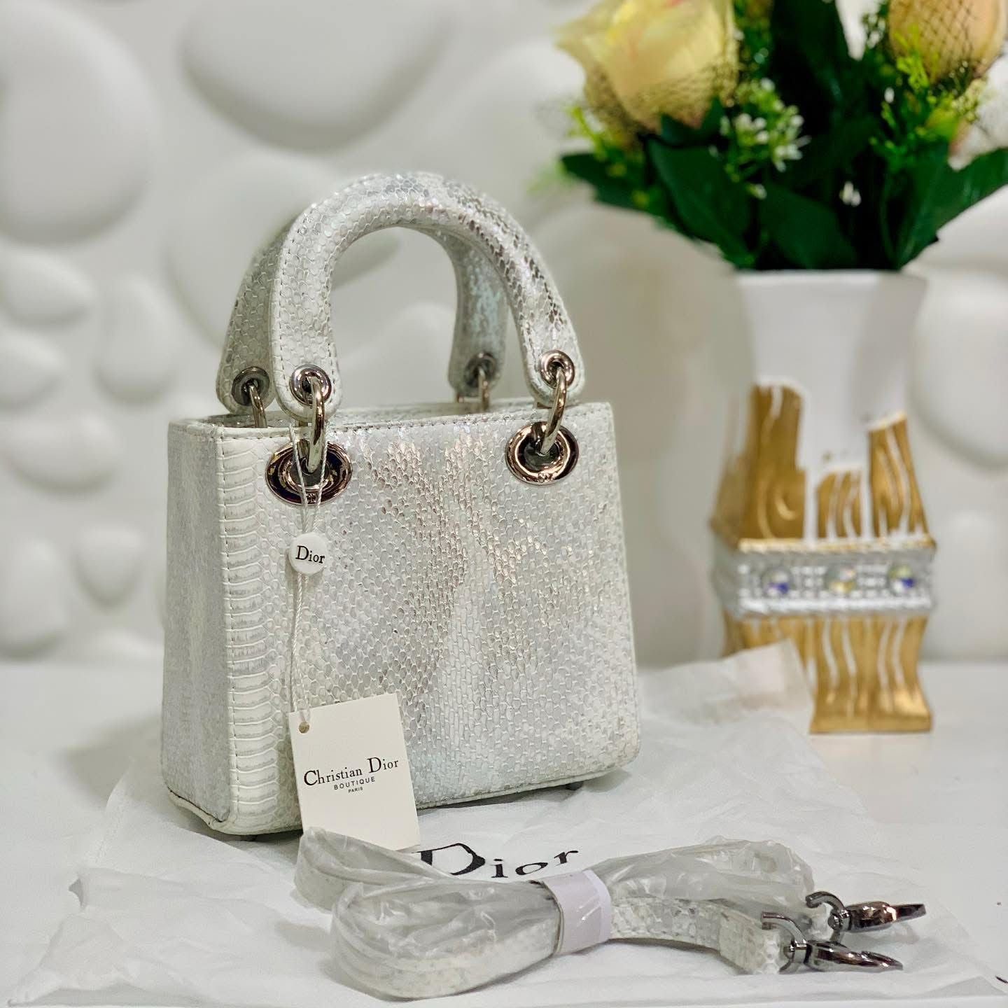 DIOR — Lady Dior Mini Python Skin Bag (Golden Hardware | With Brand Box & Dust Bag) (Silver)