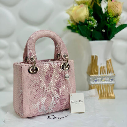 DIOR — Lady Dior Mini Python Skin Bag (Golden Hardware | With Brand Box & Dust Bag) (Pink)