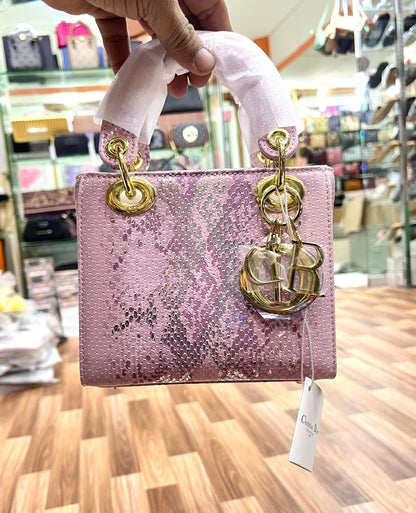 DIOR — Lady Dior Mini Python Skin Bag (Golden Hardware | With Brand Box & Dust Bag) (Pink)