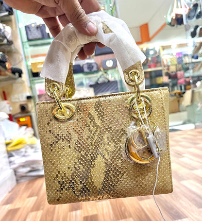 DIOR — Lady Dior Mini Python Skin Bag (Golden Hardware | With Brand Box & Dust Bag) (Golden)