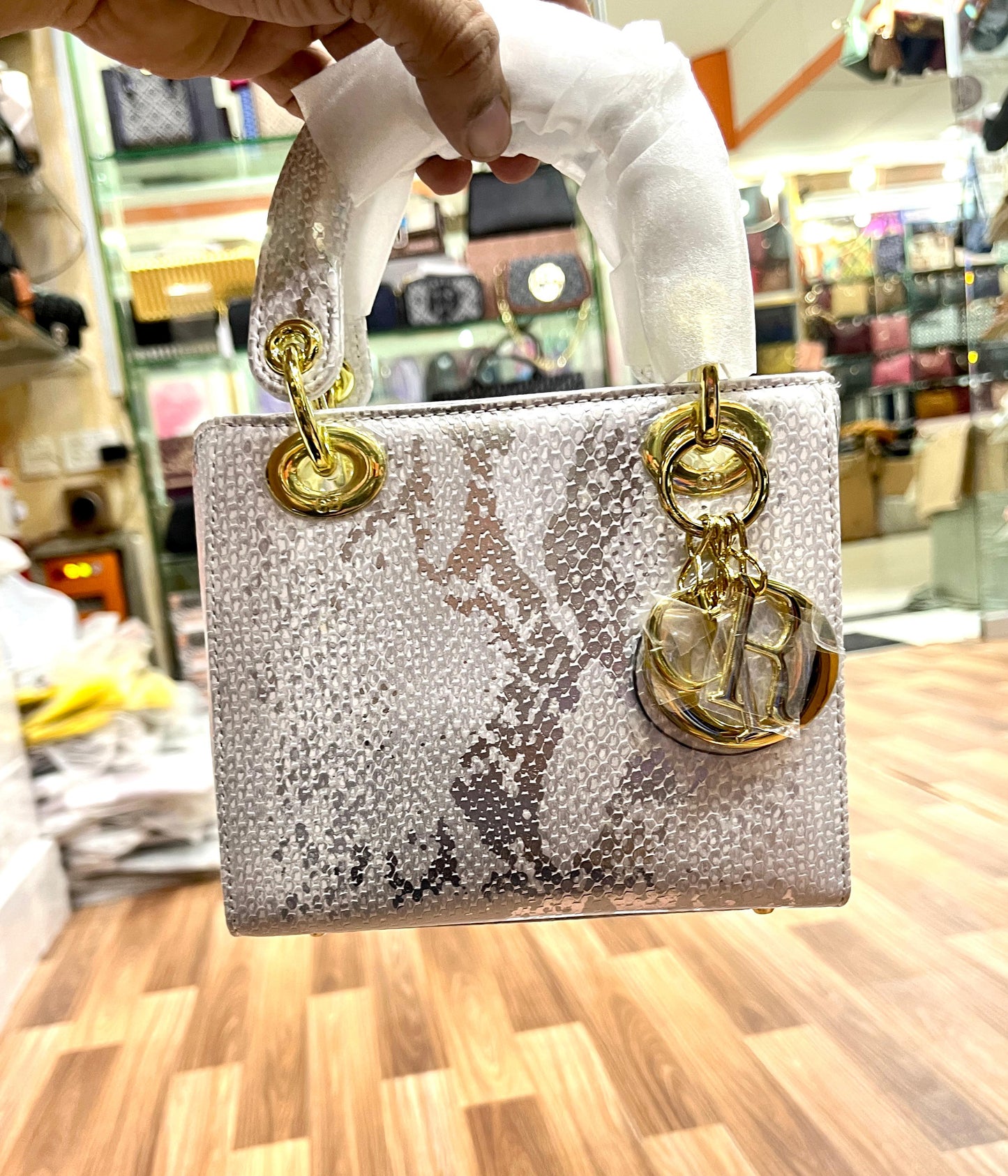 DIOR — Lady Dior Mini Python Skin Bag (Golden Hardware | With Brand Box & Dust Bag) (Silver)