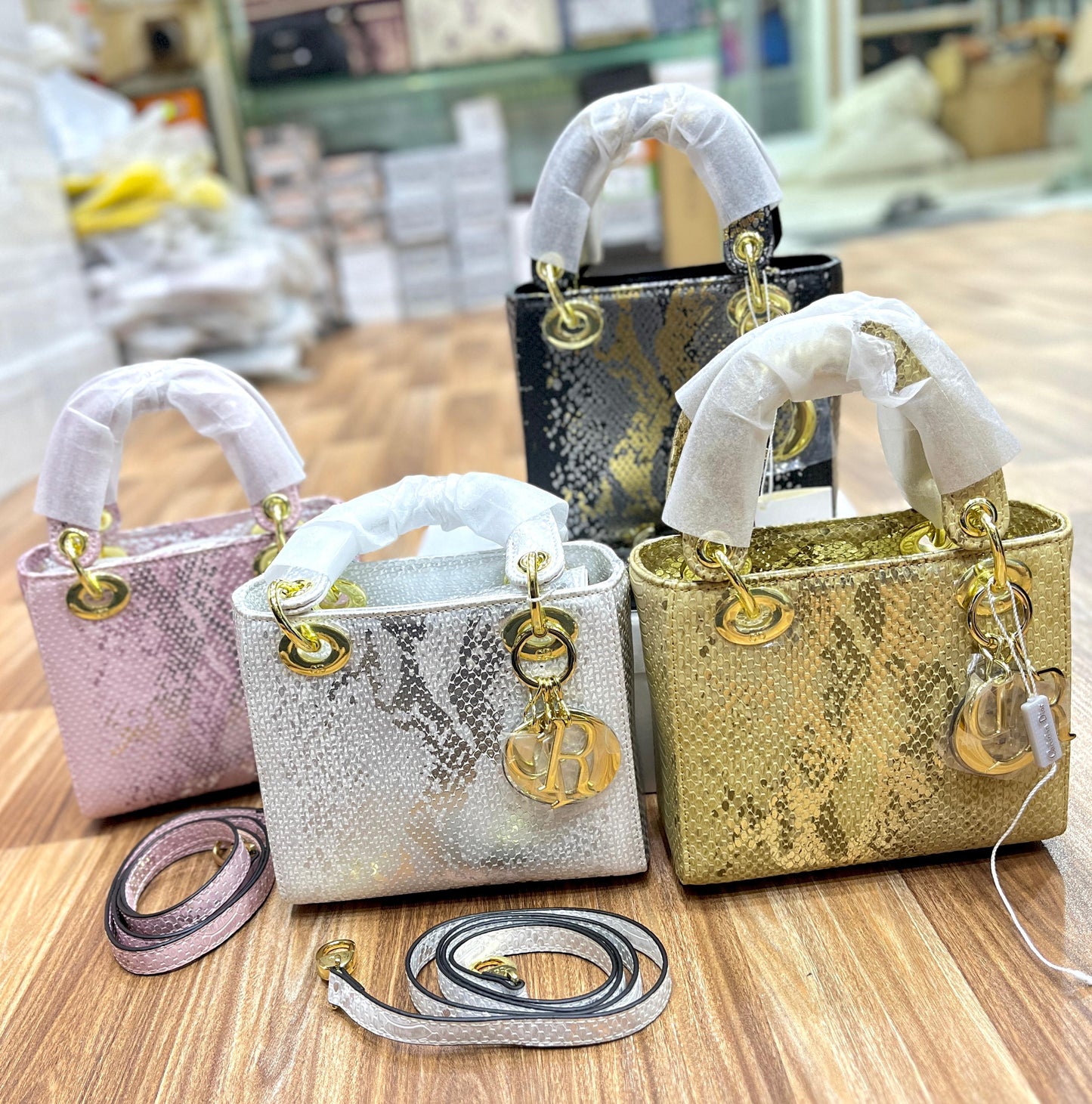 DIOR — Lady Dior Mini Python Skin Bag (Golden Hardware | With Brand Box & Dust Bag) (Silver)