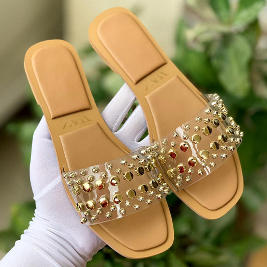 ZARA — Women's Stud Slippers (Restock | Stylish Design | Brand Box Included) (Beige)