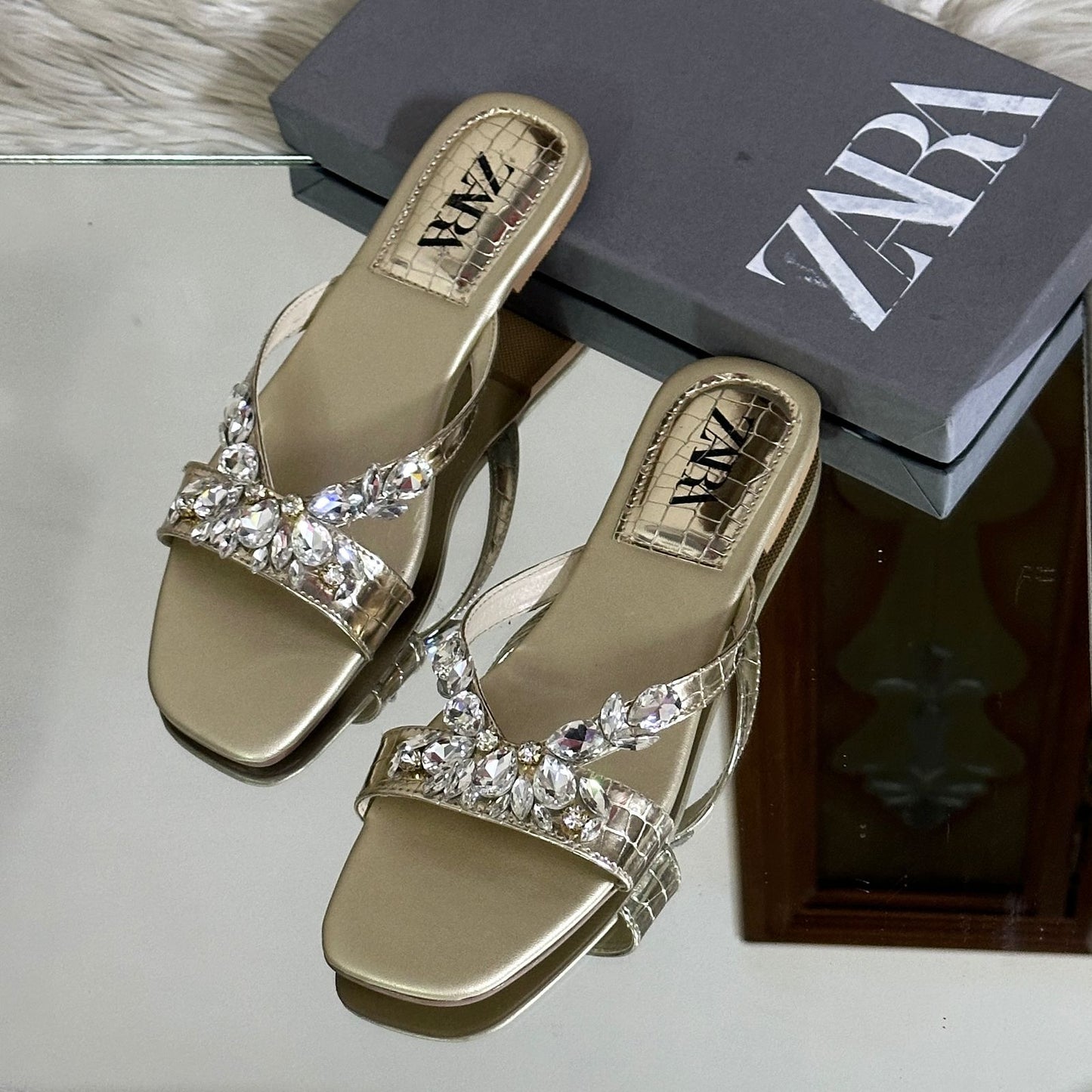 ZARA — Women's Stone Flat Slippers (Restock | Premium Quality | Brand Box Included) (Golden)