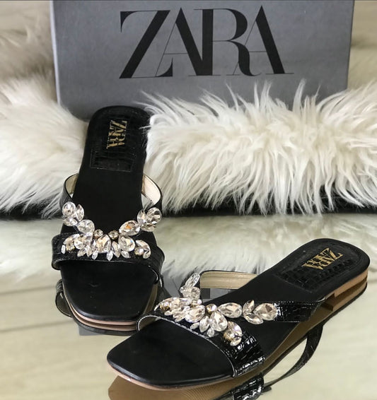 ZARA — Women's Stone Flat Slippers (Restock | Premium Quality | Brand Box Included) (Black)