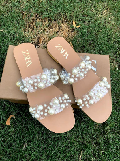 ZARA Pearls Flats — Restocked (Sizes 36 to 42 | Brand Box Included) (Brown Beige)