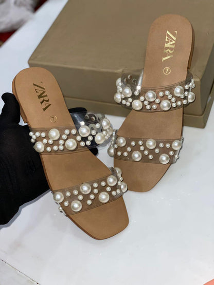 ZARA Pearls Flats — Restocked (Sizes 36 to 42 | Brand Box Included) (Brown Beige)