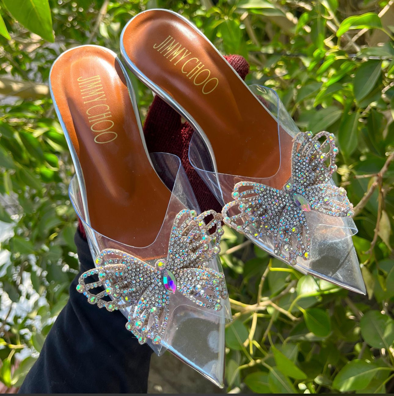 Jimmy Choo Transparent Butterfly Heels – With Brand Box (Silver)