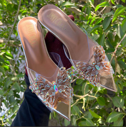 Jimmy Choo Transparent Butterfly Heels – With Brand Box (Golden)