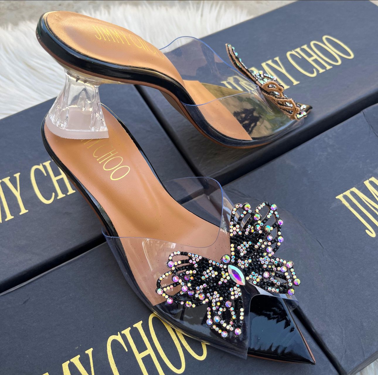 Jimmy Choo Transparent Butterfly Heels – With Brand Box (Black)
