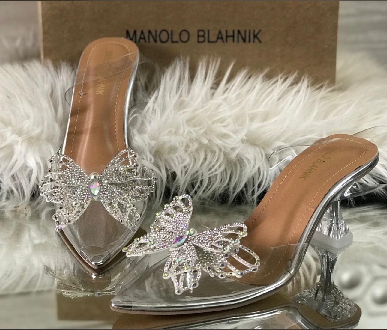 Jimmy Choo Transparent Butterfly Heels – With Brand Box (Silver)