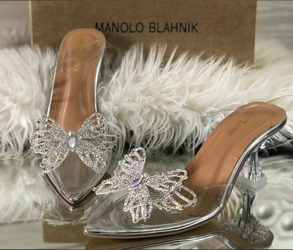 Jimmy Choo Transparent Butterfly Heels – With Brand Box (Silver)