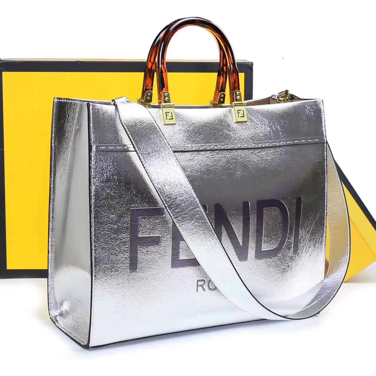 FENDI-Inspired Sunshine Tote – Premium Women Bag (Straw & Leather){silver}
