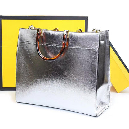 FENDI-Inspired Sunshine Tote – Premium Women Bag (Straw & Leather){silver}