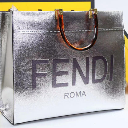 FENDI-Inspired Sunshine Tote – Premium Women Bag (Straw & Leather){silver}