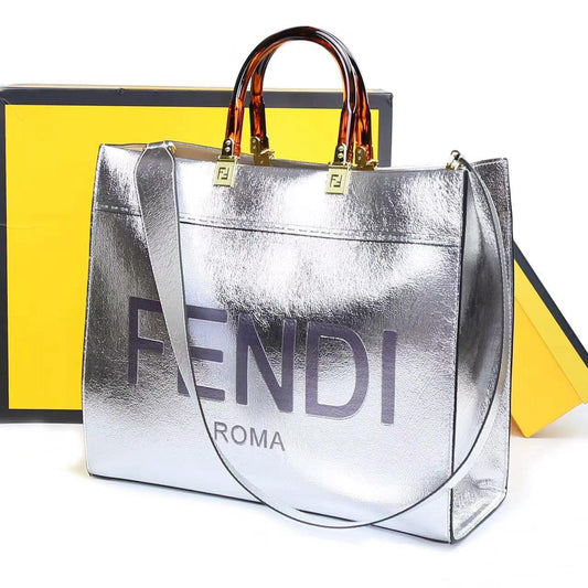 FENDI-Inspired Sunshine Tote – Premium Women Bag (Straw & Leather){silver}