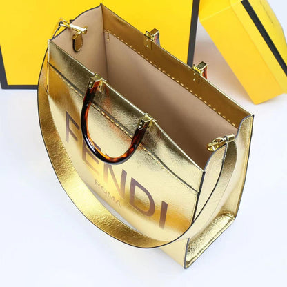 FENDI-Inspired Tote Sunshine – Luxury Women Bag (Straw & Leather){Golden}