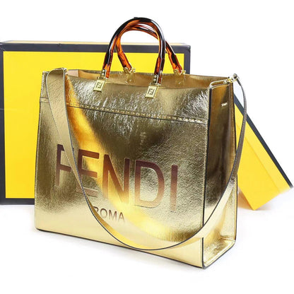 FENDI-Inspired Tote Sunshine – Luxury Women Bag (Straw & Leather){Golden}