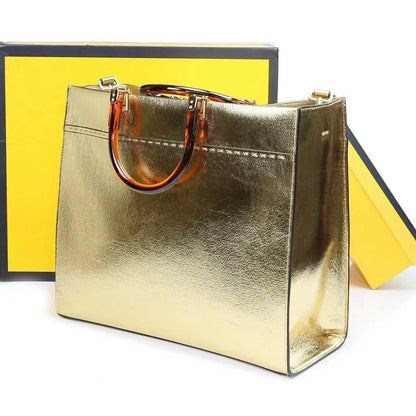 FENDI-Inspired Tote Sunshine – Luxury Women Bag (Straw & Leather){Golden}