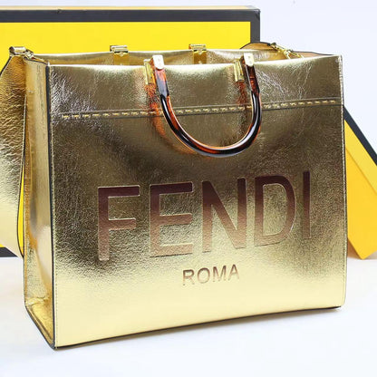 FENDI-Inspired Tote Sunshine – Luxury Women Bag (Straw & Leather){Golden}