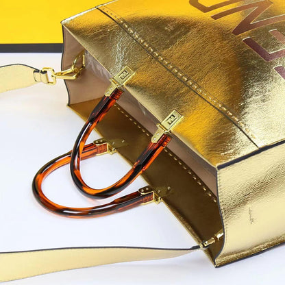 FENDI-Inspired Tote Sunshine – Luxury Women Bag (Straw & Leather){Golden}