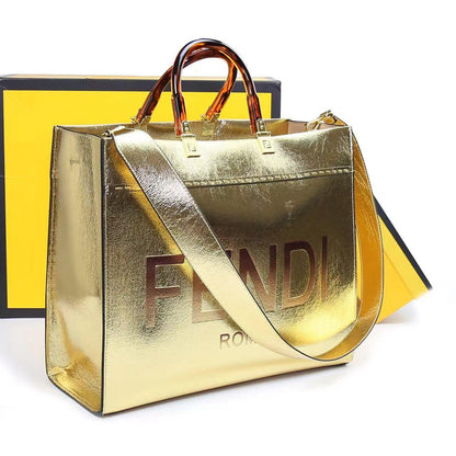 FENDI-Inspired Tote Sunshine – Luxury Women Bag (Straw & Leather){Golden}