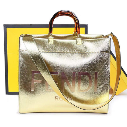 FENDI-Inspired Tote Sunshine – Luxury Women Bag (Straw & Leather){Golden}