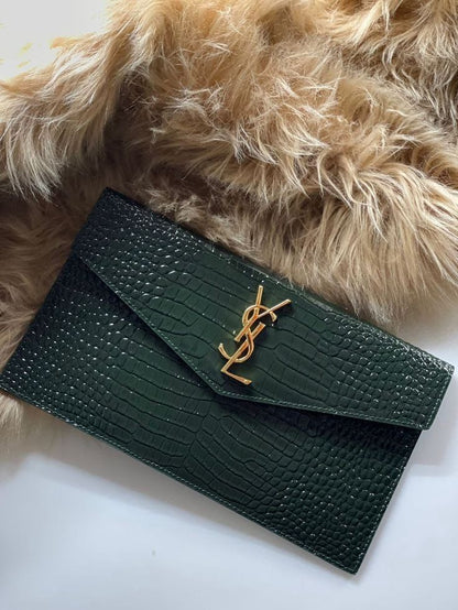 YSL Women's Bag – Croc-Embossed Crossbody with Gold Monogram {Green}