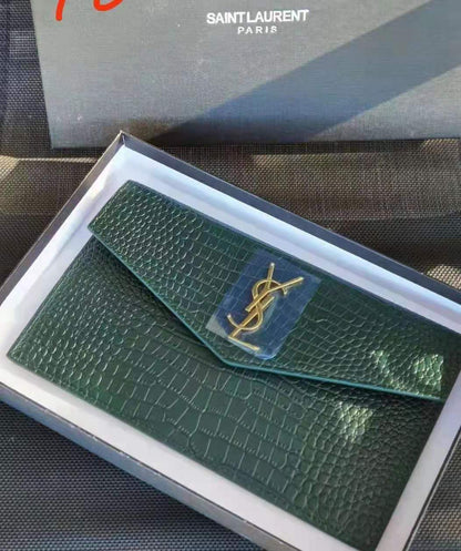 YSL Women's Bag – Croc-Embossed Crossbody with Gold Monogram {Green}