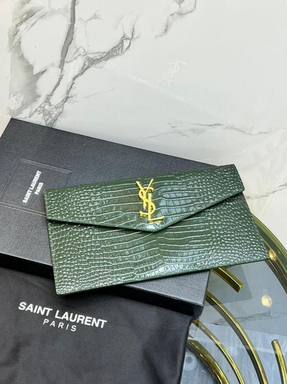 YSL Women's Bag – Croc-Embossed Crossbody with Gold Monogram {Green}