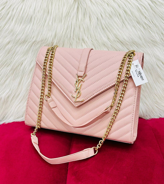 YSL-Inspired Crossbody – Luxurious Quality Women Bag with Long Belt & Chain(Light Pink)