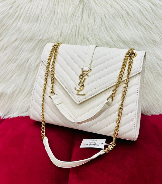 YSL-Inspired Crossbody – Luxurious Quality Women Bag with Long Belt & Chain(White)
