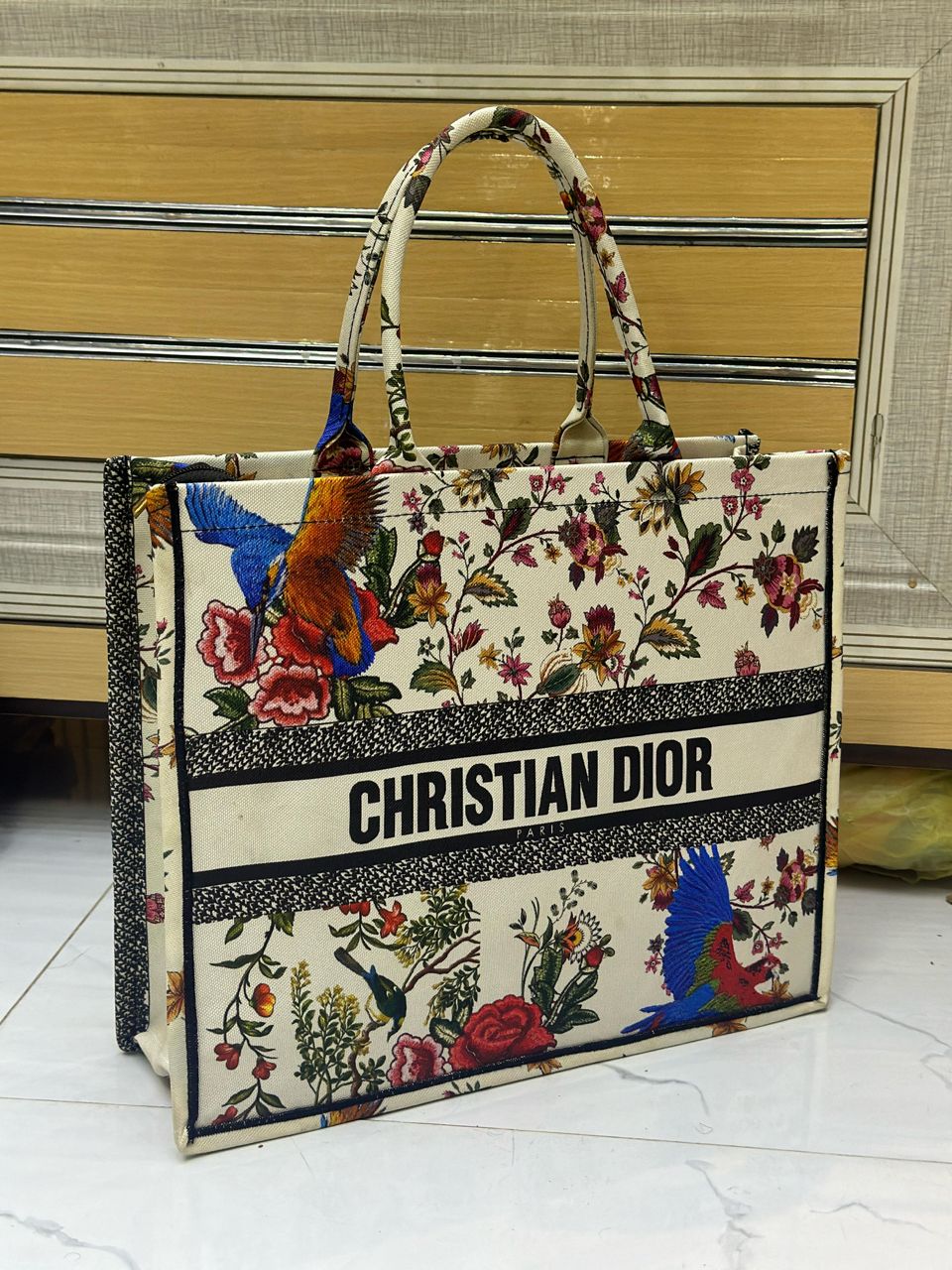 CHRISTIAN DIOR-Inspired Tote – High Quality Denim Women Bag with Beautiful Print(Off White)