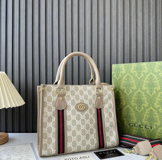 GUCCI-Inspired Medium Bag – Good Quality Women Bag with Logo & Long Belt(Grey)