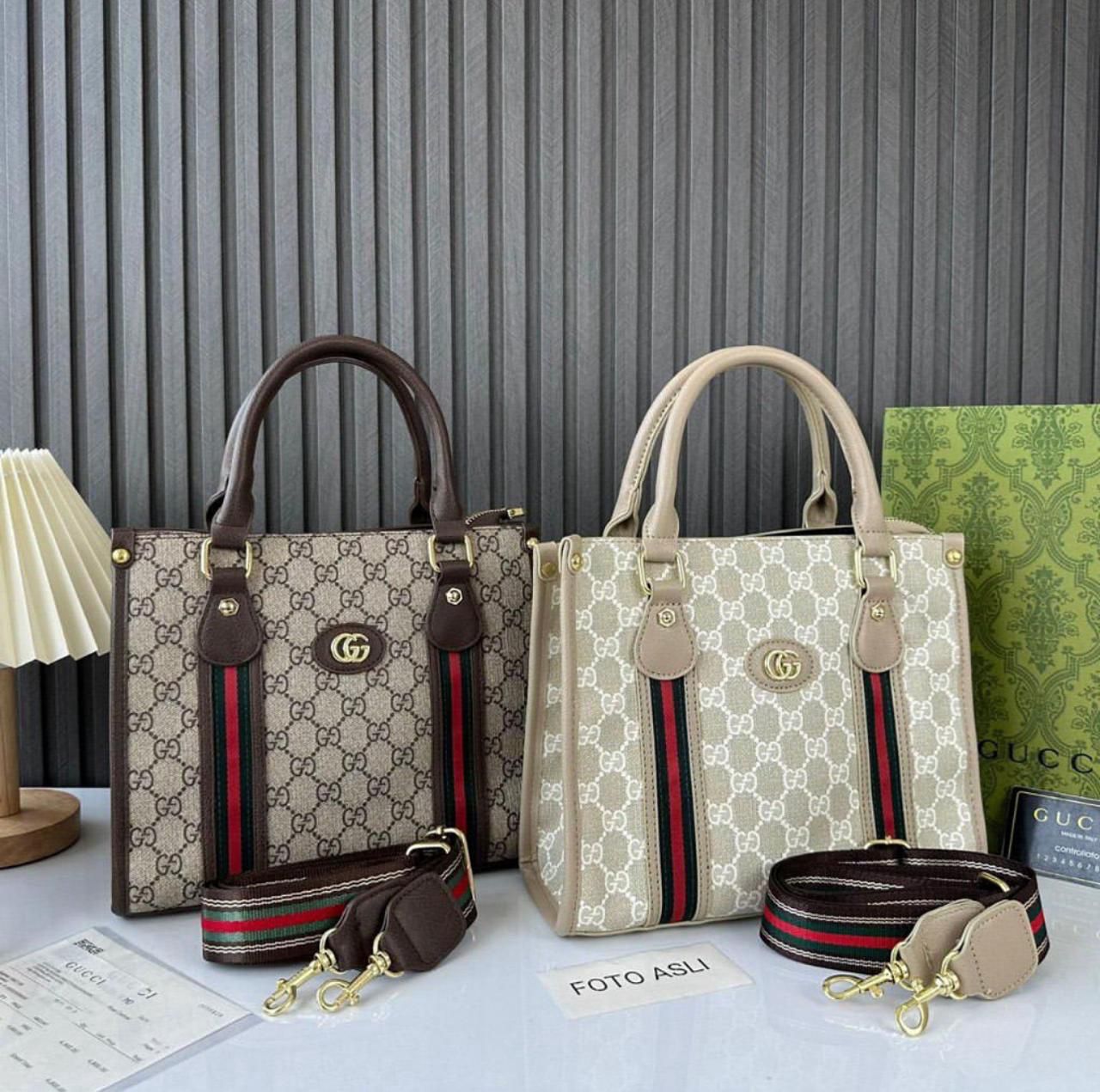GUCCI-Inspired Medium Bag – Good Quality Women Bag with Logo & Long Belt(Grey)