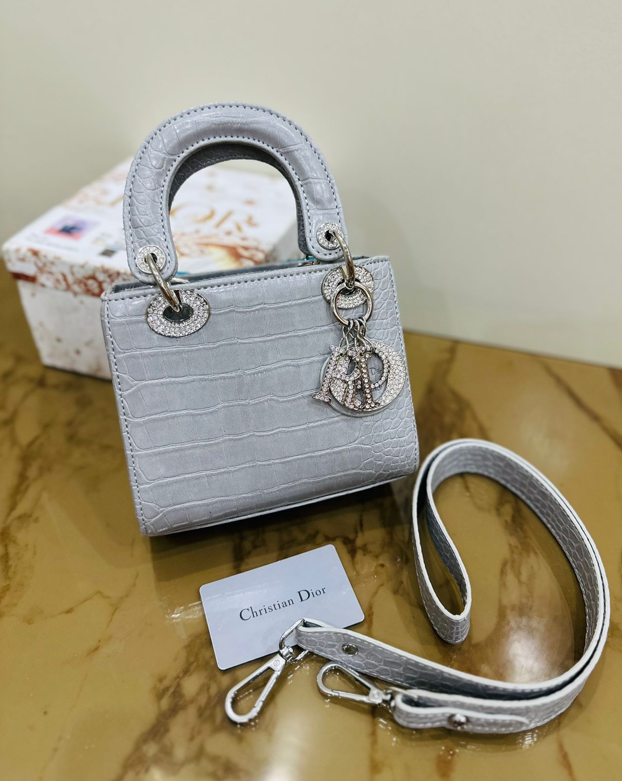 LADY DIOR-Inspired Handbag – Premium Quality Small Women Bag with Full Branding(Grey)