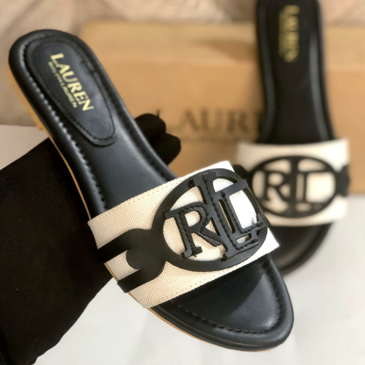 RALPH LAUREN-Inspired Flat Slippers – Elegant Women Footwear with Brand Box(Black)