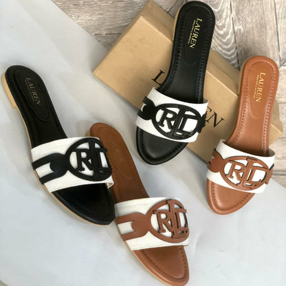 RALPH LAUREN-Inspired Flat Slippers – Elegant Women Footwear with Brand Box(Brown)