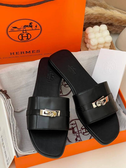 HERMÈS Giulia-Inspired Sandals – Elegant Women Footwear with Iconic Buckle & Full Packaging(Black 1)