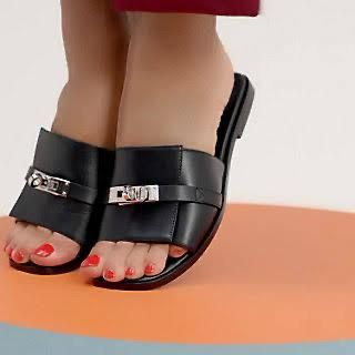 HERMÈS Giulia-Inspired Sandals – Elegant Women Footwear with Iconic Buckle & Full Packaging(Black 1)
