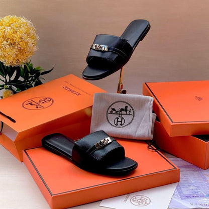 HERMÈS Giulia-Inspired Sandals – Elegant Women Footwear with Iconic Buckle & Full Packaging(Black 1)
