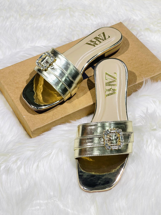 SALE – ZARA Flat Slippers – Trendy Women Footwear with Brand Box (Golden)