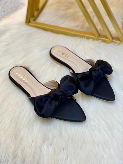 ZARA Big Bow Flat Slippers – Elegant Women Footwear with Brand Box(Black)
