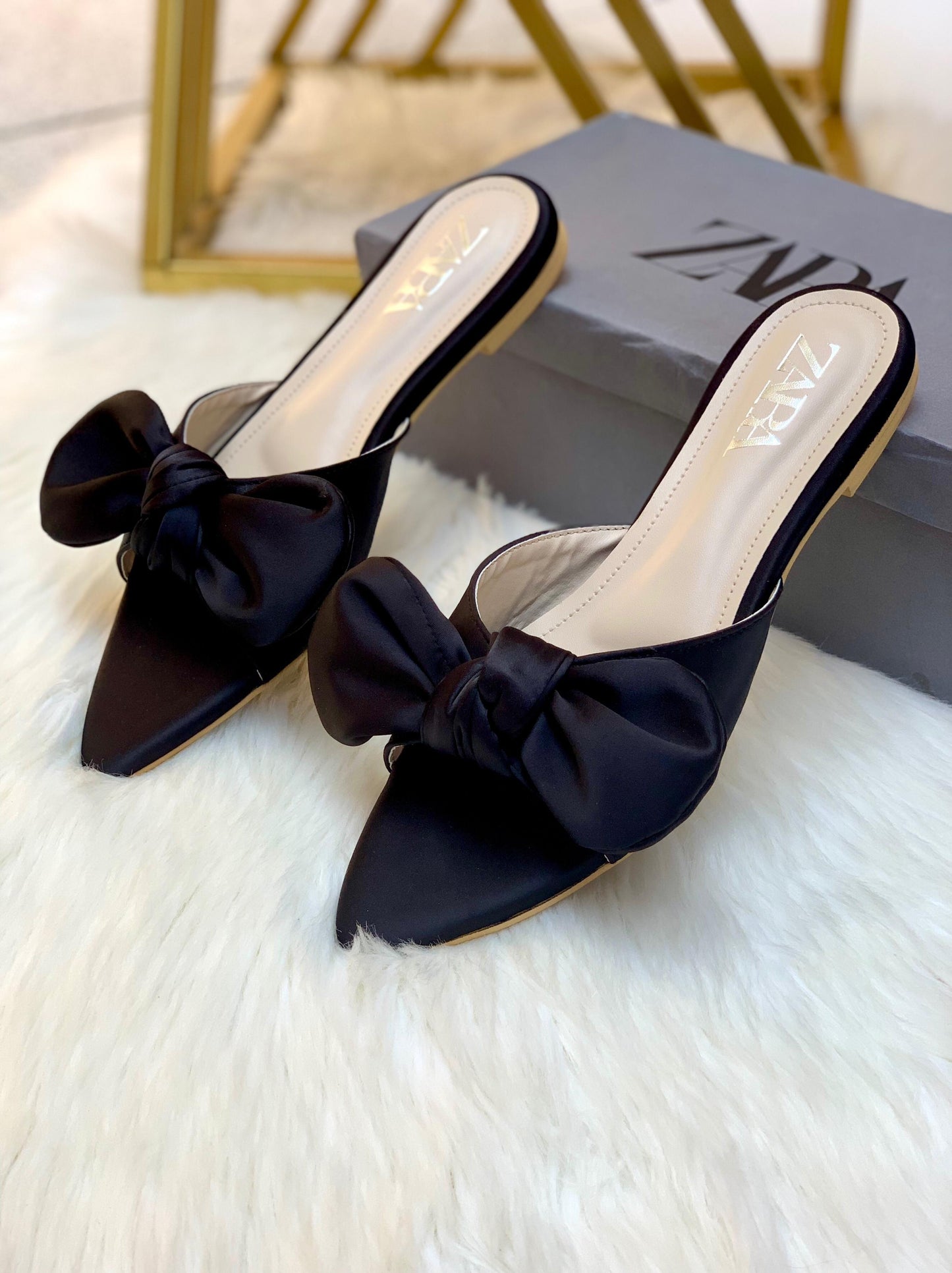 ZARA Big Bow Flat Slippers – Elegant Women Footwear with Brand Box(Black)