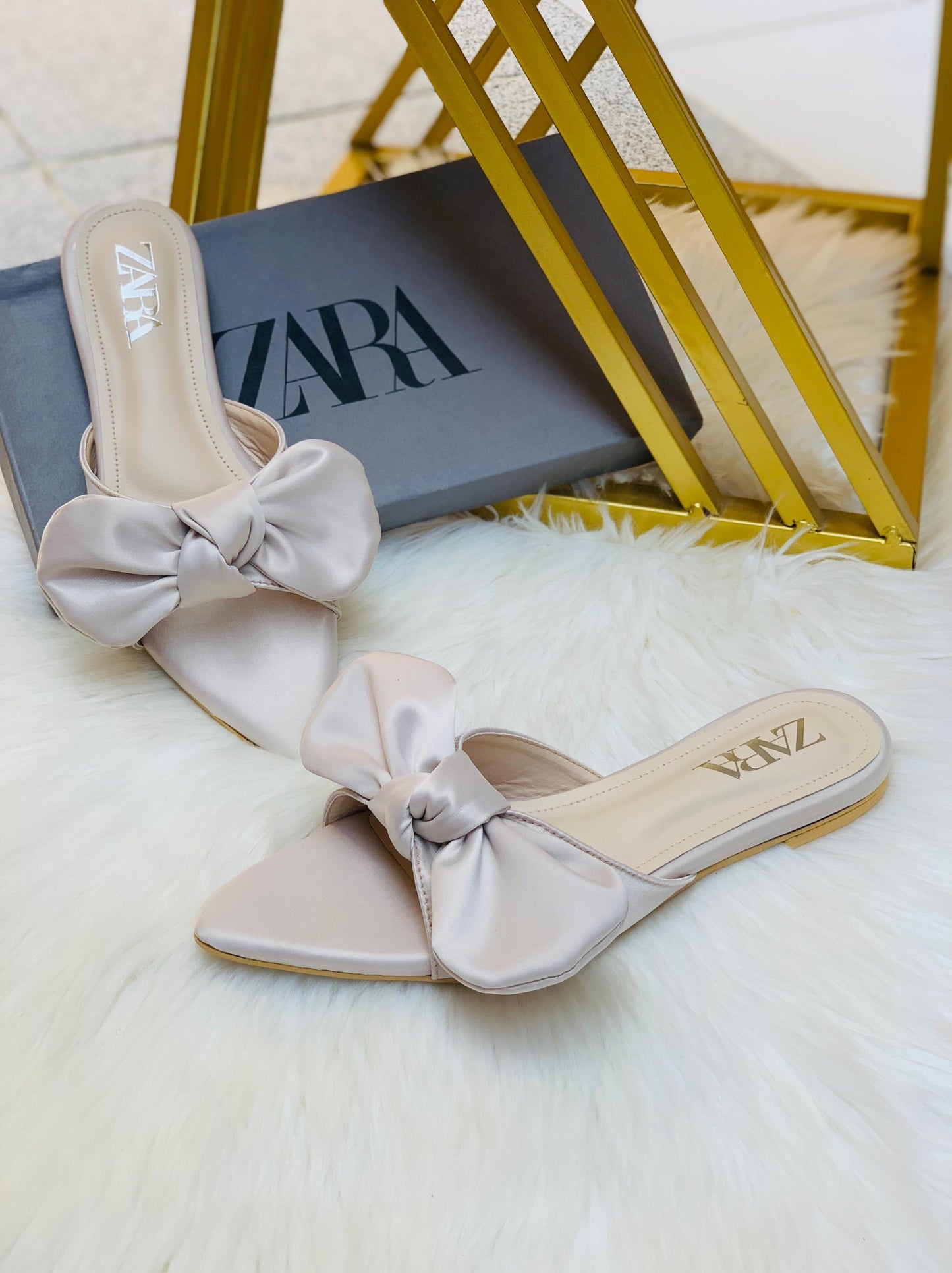 ZARA Big Bow Flat Slippers – Elegant Women Footwear with Brand Box (Off White)