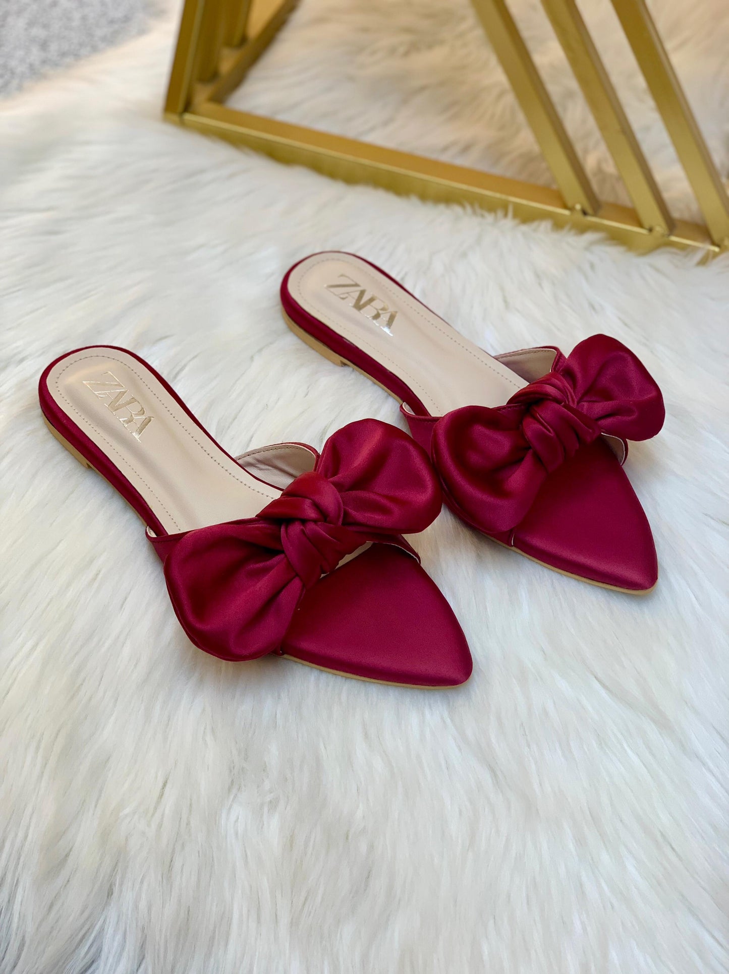 ZARA Big Bow Flat Slippers – Elegant Women Footwear with Brand Box (Maroon)
