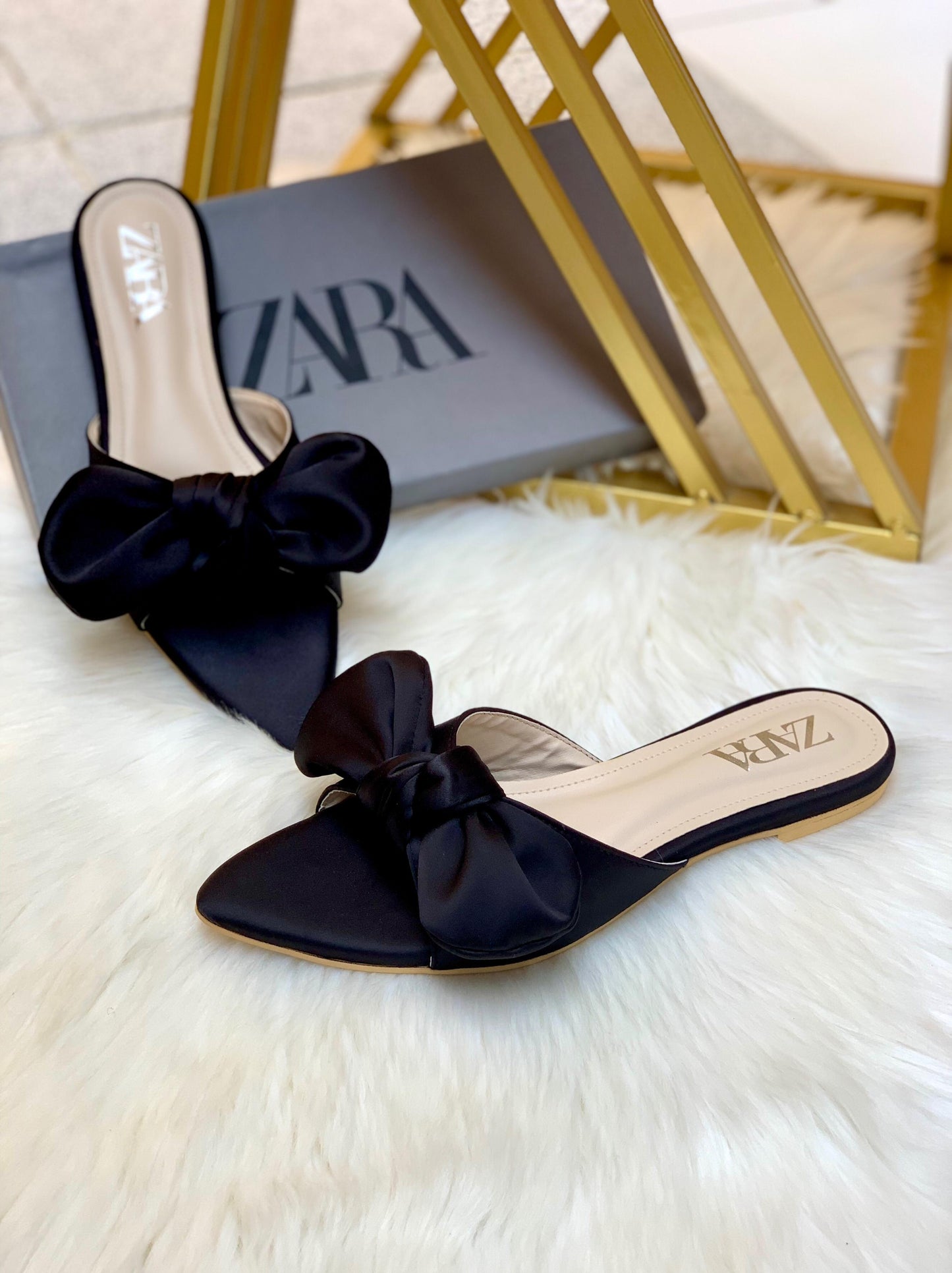 ZARA Big Bow Flat Slippers – Elegant Women Footwear with Brand Box(Black)