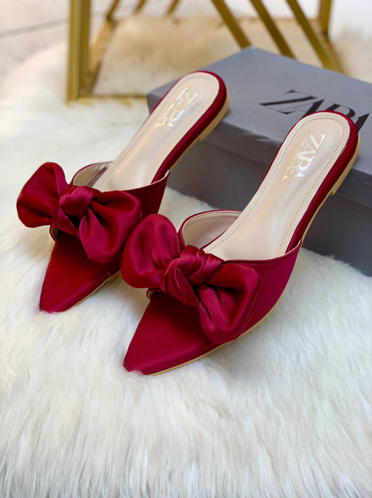 ZARA Big Bow Flat Slippers – Elegant Women Footwear with Brand Box (Maroon)