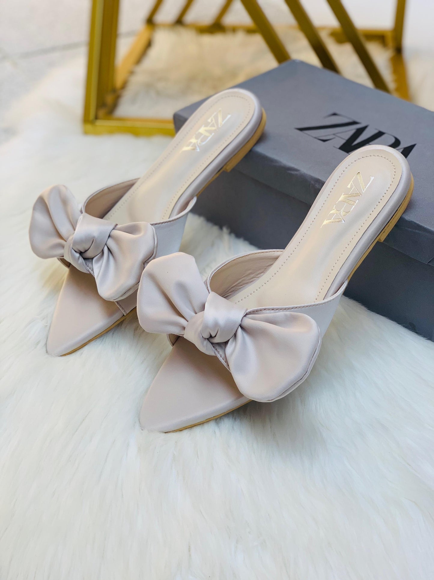 ZARA Big Bow Flat Slippers – Elegant Women Footwear with Brand Box (Off White)