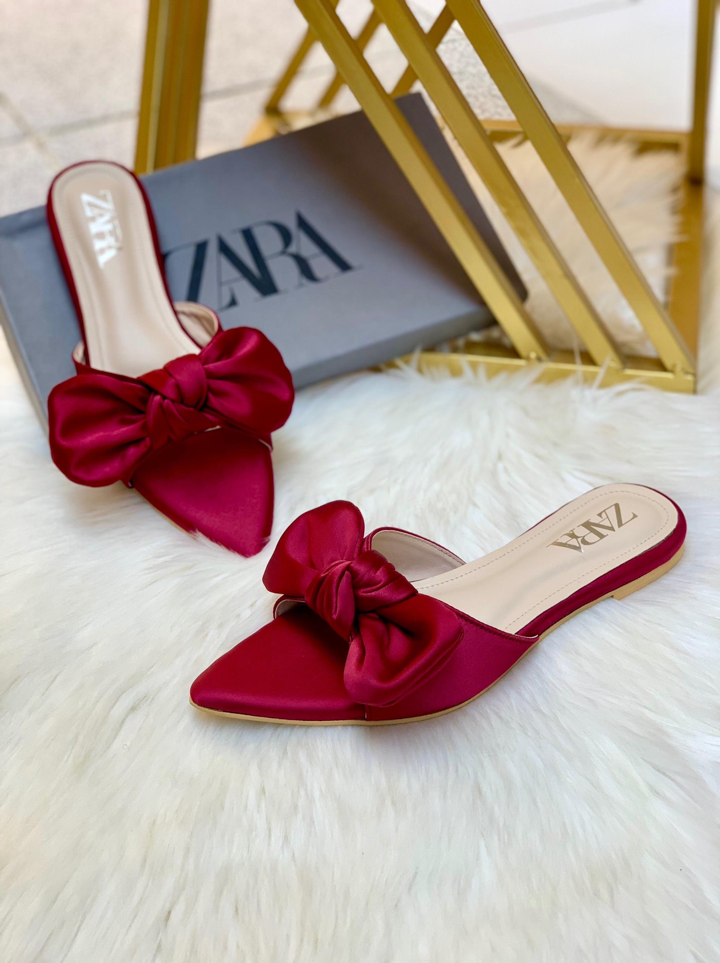 ZARA Big Bow Flat Slippers – Elegant Women Footwear with Brand Box (Maroon)